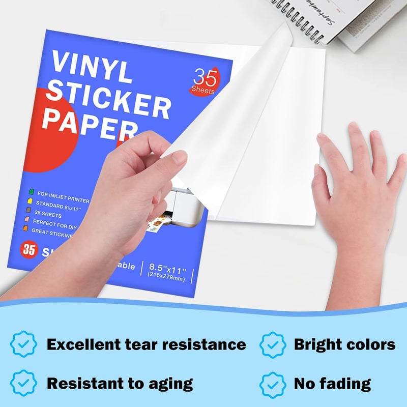 Aevdor 35 Sheets Premium Printable Vinyl Sticker Paper for Inkjet Printer, Glossy White Waterproof, Dries Quickly, Vivid Colors, Tear Resistant, 8.5x11 Inkjet Vinyl Sticker Paper Great for Cutting Machines - Image 4